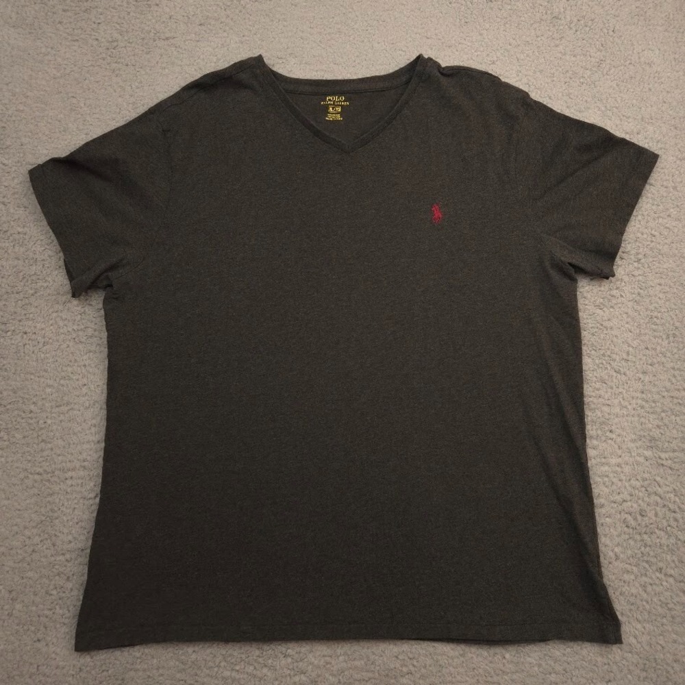 Polo Ralph‎ Lauren V-Neck T-Shirt Mens XL Dark Gray Red Pony Logo Short Sleeve